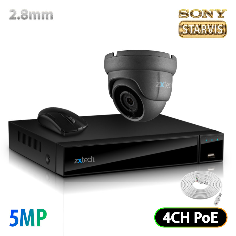 Zxtech 1 x 5MP Compact Size Audio SD Card Slot Sony Chip PoE Security Camera Complete CCTV Kit | FP1D4X