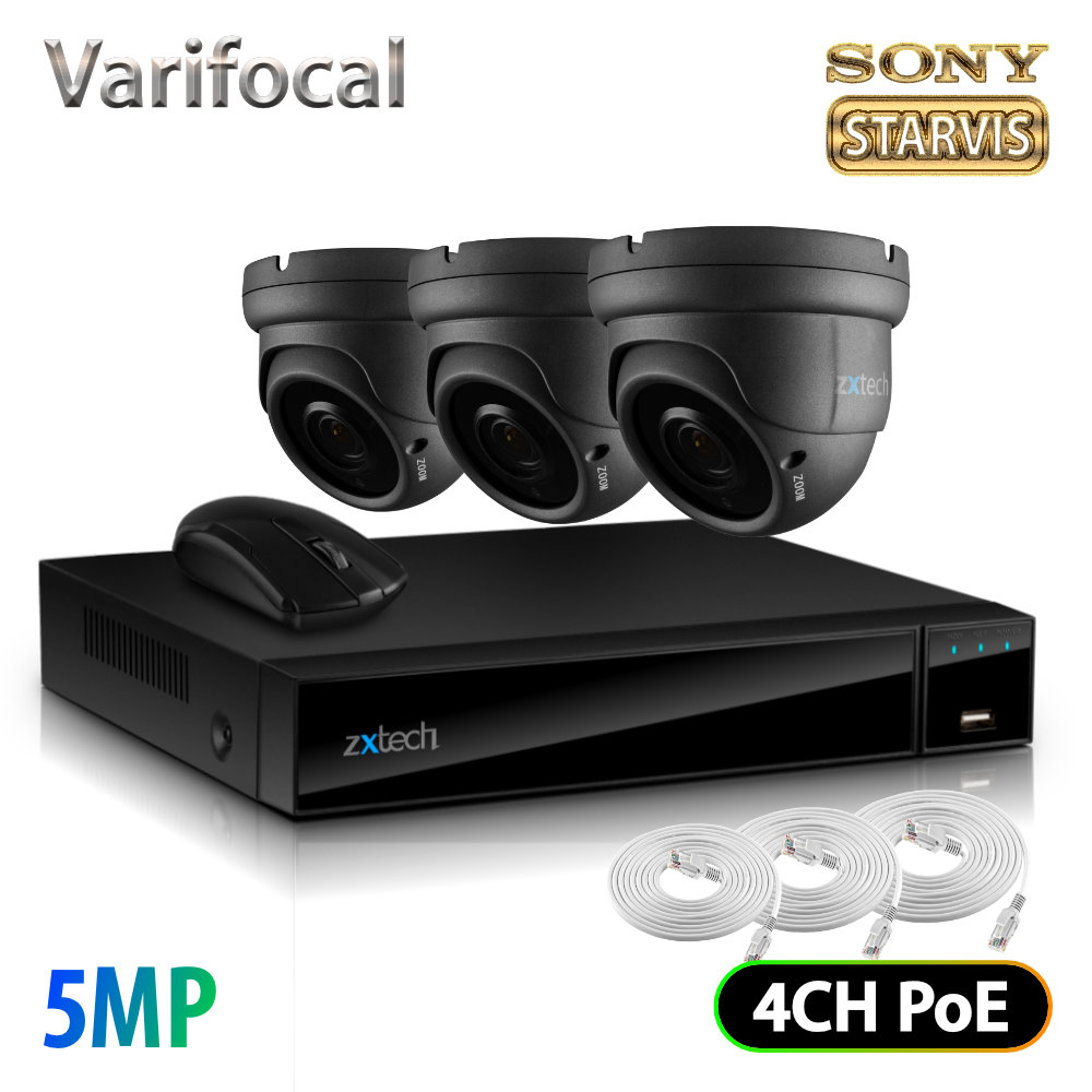 Zxtech 3 x 5MP Optical Zoom Audio Sony Chip Camera PoE CCTV NVR 4CH Kit | FP3B4X