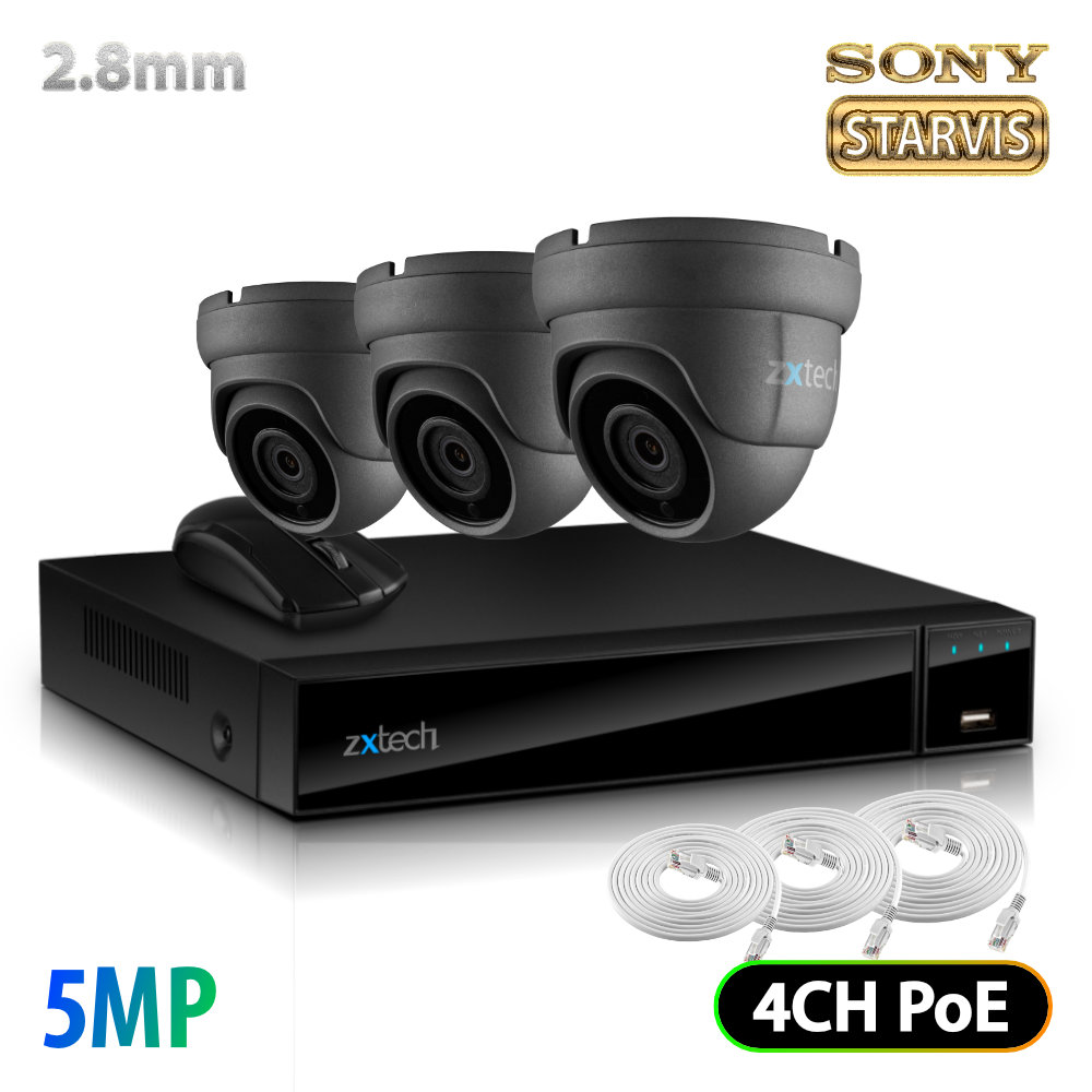 Zxtech 3 x 5MP Compact Size Audio SD Card Slot Sony Chip Camera PoE Security Camera System UK | FP3D4X