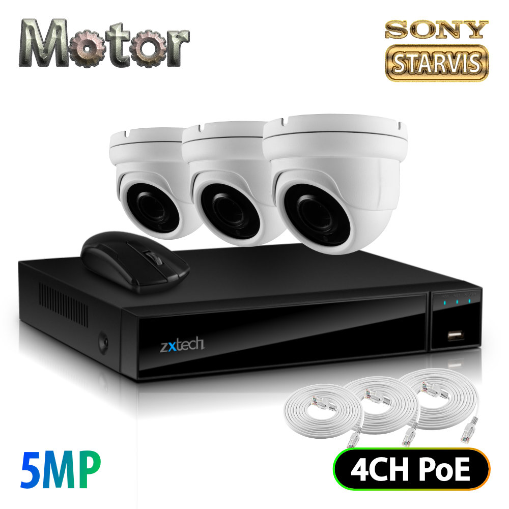 Zxtech 3x 5MP Motorized Lens Audio Sony Chip PoE Camera Kit 4CH NVR | FP3G4X