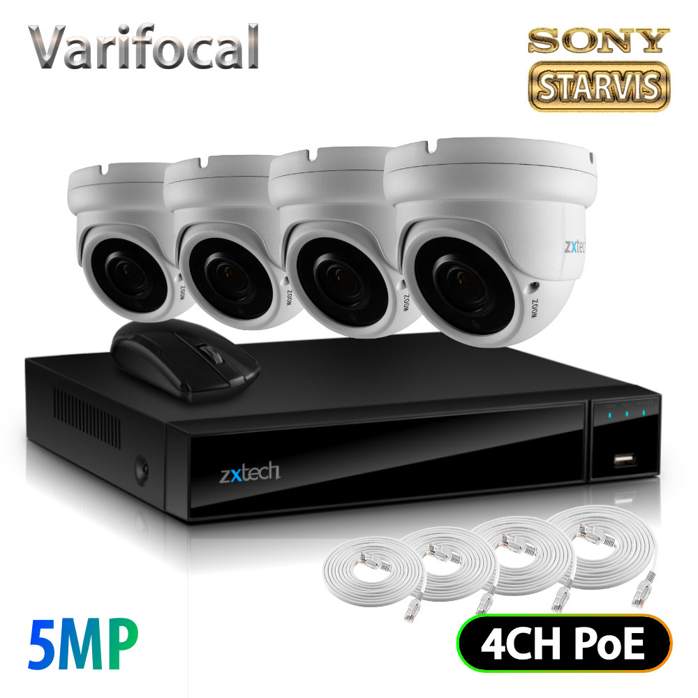 Zxtech 4 x 5MP Varifocal Audio Sony Chip PoE HD CCTV Camera Complete CCTV Kit | FP4A4X