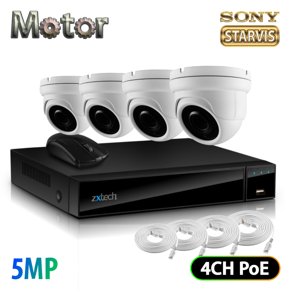 Zxtech 4 x 5MP Motorized Lens Audio Sony Chip PoE CCTV System | FP4G4X