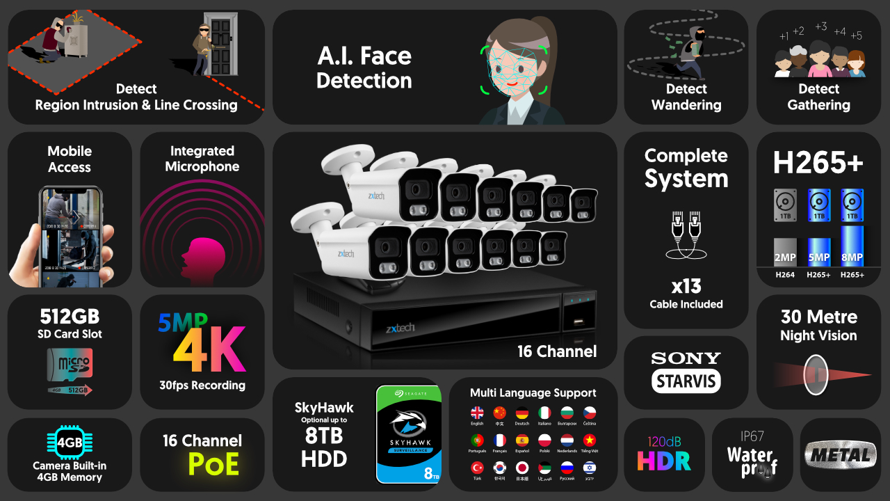 4K Audio CCTV System Smart Face Detection IP Camera | Zxtech | RX12B16X