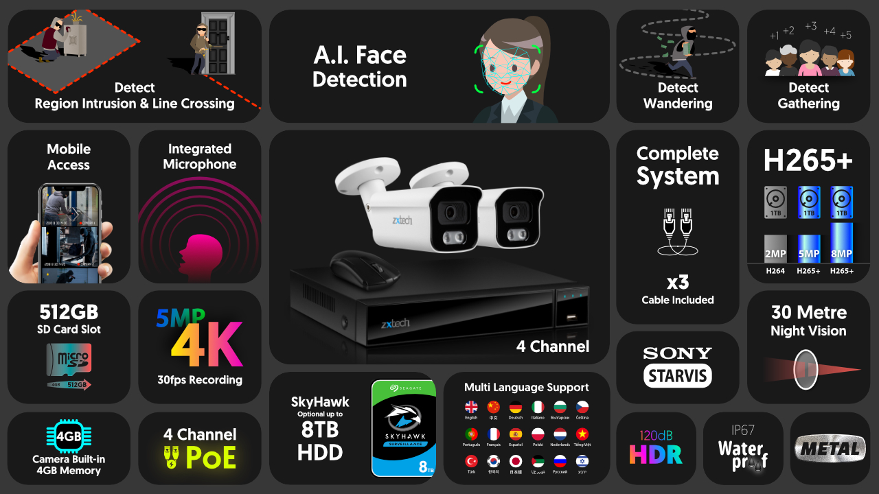 4K Home CCTV Kit Audio Face Detection IP Camera | Zxtech | RX2B4Z