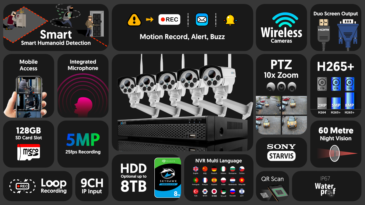 5mp ptz wifi camera system - audio recording 10x zoom sony starvis night vision 9ch nvr | wf5c9y