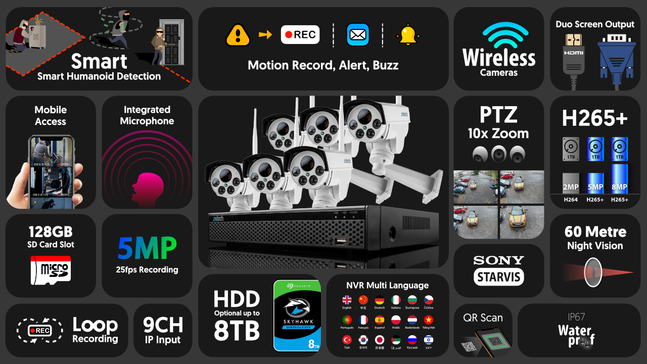 5mp ptz wifi security camera system - audio recording 10x zoom sony starvis outdoor 9ch nvr | wf6c9y