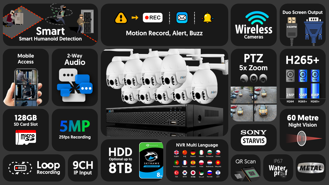 5mp ptz wifi security camera system - 2 way audio 5x zoom sony starvis outdoor 9ch nvr | wf9b9y